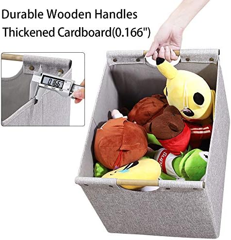 HOONEX Large Foldable Storage Bins, Linen Fabric, 2 Pack, with Wooden Carry Handles and Sturdy Heavy Cardboard, for Home, Office, Car, Nursery, Light Grey - Image 2