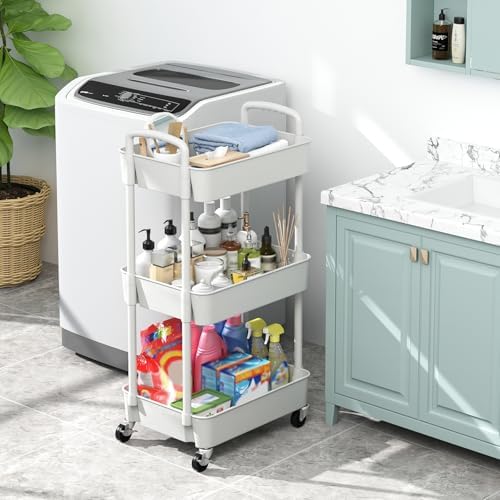 Sywhitta 3-Tier Plastic Rolling Utility Cart with Wheels for Storage,White - Image 5