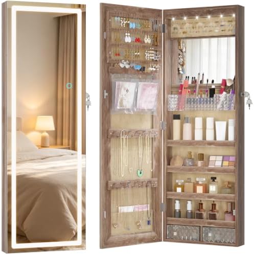 LVSOMT 42.5" Wall Mounted Jewelry Organzier with LED Mirror, Wood by DecorateHomeatEase