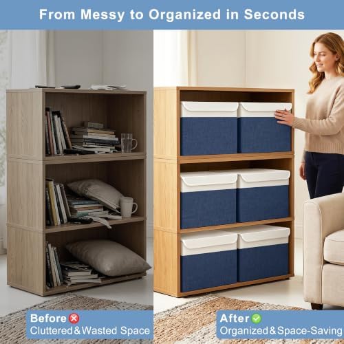 Large 17" 42 Quarts Collapsible Stackable Storage Bins with Lids [3-Pack] Foldable Fabric Linen Storage Boxes Cube, Closet Organizer Baskets with Label for Home (16.7 x 12 x 12", Navy Blue & White) - Image 2