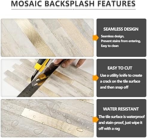 STICKGOO 2 Sheets Peel and Stick Backsplash Tile, Stick on Backsplash for Kitchen and Bathroom, Sunny Beige Look PVC Mixed Metal Gold Self Adhesive Wall Tiles - Image 3