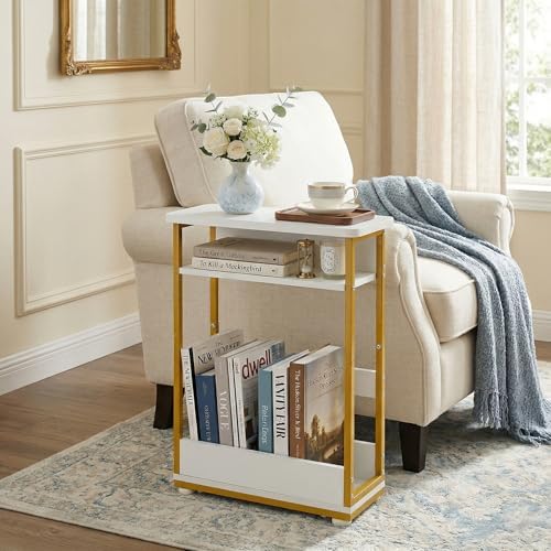 Narrow Side Table,3-Tier Slim End Table with Storage Shelf,Modern Sofa Table Thin Side Table for Small Spaces, Skinny Bedside Table Small Nightstand with Magazine Rack Space Saving/White+Gold - Image 2