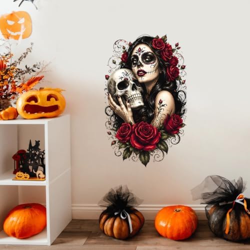 Sugar Skull Woman Wall Decals Peel and Stick Gothic Floral Wall Stickers, Day of the Dead Style Removable Vinyl Wall Decor, Rose Skull Wall Art for Bedroom Living Room Halloween Party Decorations by ANNAQUEEN