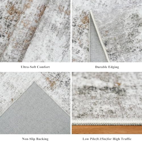 12x12ft Square Living Room Rug – Non-Slip Washable Extra Large Floor Carpet for Bedroom, Dining Room, Playroom Room – Modern Abstract Neutral Thin Low-Pile Big Indoor Rug (Beige Grey) - Image 5