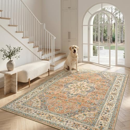 Hanples 5x7 Area Rugs for Living Room, Washable Rug Vintage Floral, Camel - Image 3