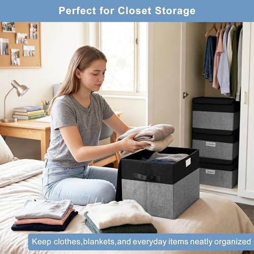 Bagnizer Large 22 Quart Linen Fabric Foldable Storage Bin Cube Organizer Basket with Flip-Top Lid & Handles, Clothes Blanket Box for Home, Office, Closet, Black & Gray, 4 Pack 14.6 x 9.5 x 9.5 - Image 3