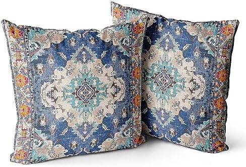 Snycler Boho Throw Pillow Covers 22x22 inch Set of 2 Boho Rug Carpet Double Sided Pattern Cotton Soft Pillow Case Cushion Cover Pillowcase for Couch Sofa Bed Decorative (Blue) by Snycler