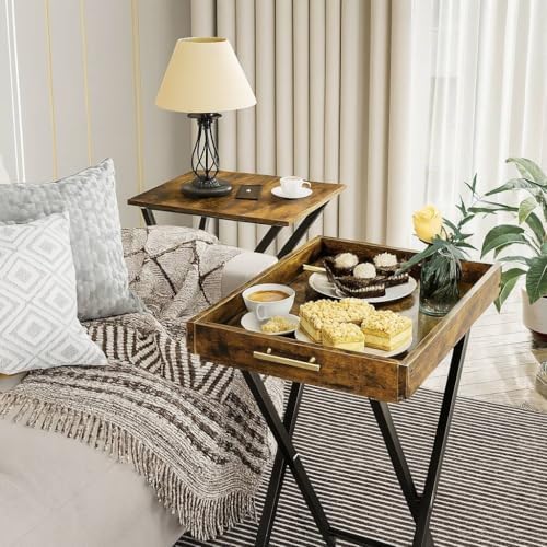 Folding TV Tray Tables, Set of 2 Side Table for Small Place, Snack Eating Tables at Couch, Folding Tables with Removable Serving Tray, Rustic Brown - Image 2