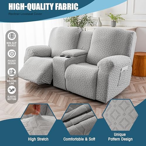 Genina Waterproof Recliner Loveseat Cover,2 Seat with Console,Light Gray - Image 3