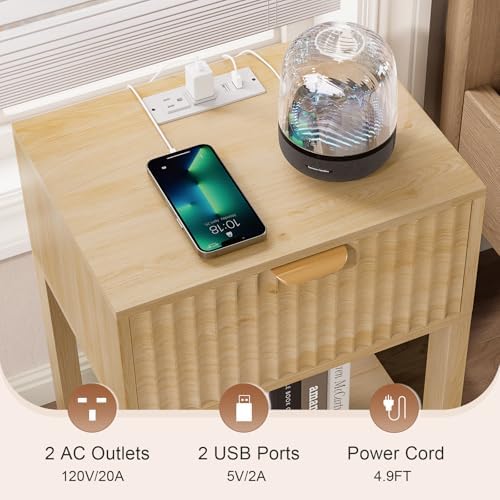 Nasonet Night Stand Set 2, Fluted Nightstand with Charging Station, Wood Bedside Table with Drawer & Storage Shelf, Modern End Tables for Bedroom Sofa Couch Office, Natural Oak - Image 3