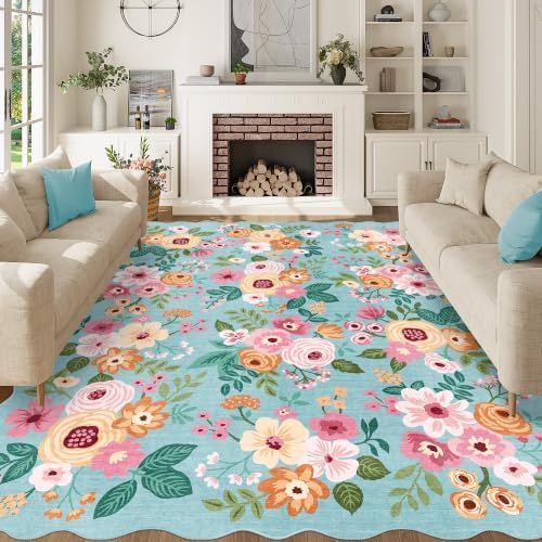 DUKINO 8x10 Area Rug for Living Room, Floral Washable Rug Non Slip, Teal by DUKINO