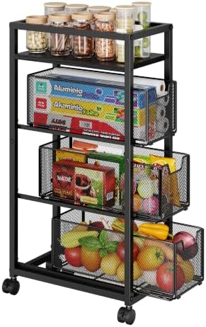 4 Tier Narrow Kitchen Rolling Cart, 9.1" Wide Slim Kitchen Storage Cart with Pull-Out Baskets, Adjust Pantry Organizer and Storage Cart with Wheels, Multifunctional Fruit Vegetable Spice Storage Cart by FollowWithYociyogaTogether