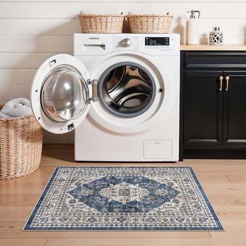 2x3 Washable Vintage Area Rug: Indoor Soft Entryway Rug with Non Slip Backing Water Resistant Carpet for Kitchen Bathroom Laundry Low Pile Door Mat Perfect for Homes with Cats & Dogs(2x3,Blue) - Image 2