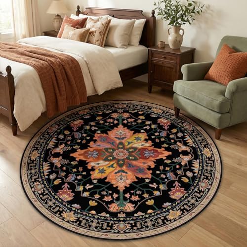 RELEANY Washable Area Rug, Round 5ft, Black/Colorful - Image 2