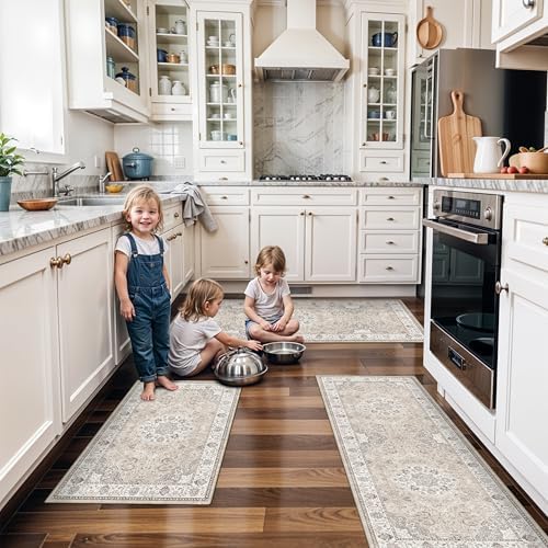 4 Pieces Kitchen Rug Set: Washable Water Resisitant Carpet for Sink Stove Area Soft Floor Mats with Non-Slip Backing for Bathroom Low-Pile Runners for Family with Elderly Dogs(2x3+2x4+2x5+2x6,Beige) by HYHAOYUNLAI