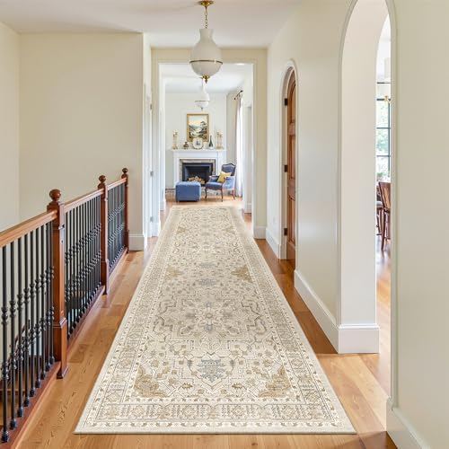 Madane Hallway Runner Rug 3x12 Washable Kitchen Runners 12ft, Beige/Blue - Image 3