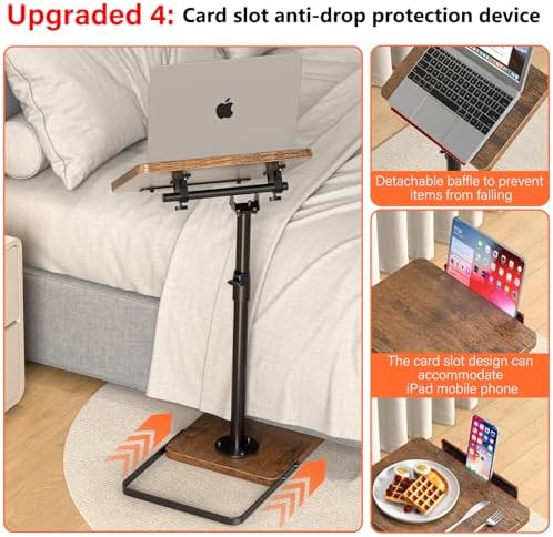 TV Tray Table for Couch, Height Adjustable/360° Swivel/180° Flip-Over Panel Design C-Shaped End Table, Sofa Arm End Side Table with Phone & Tablet Slot for Eating, Laptop,Couch Bed (Vintage Brown) - Image 5
