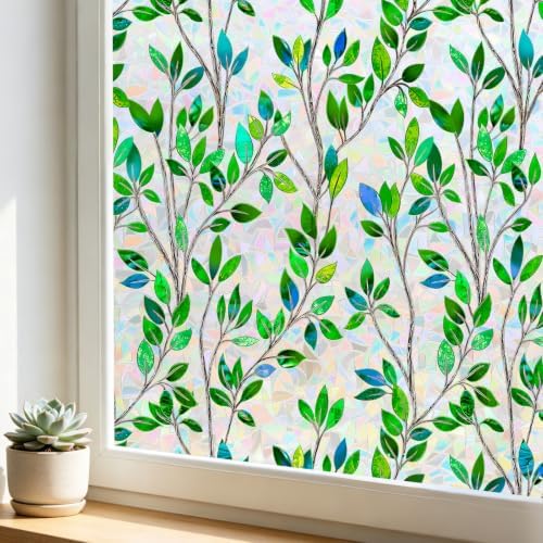 FINNEZ Window Privacy Film Stained Glass Green Leaf, 17.5″ x 78.7″ by FINNEZ