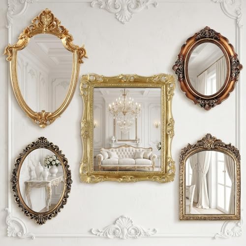 Wonderjune 5 Pcs Vintage Gold Mirror Set for Wall Decorative Resin Frame Ornate Antique Hanging and Tabletop Mirror for Home Dresser Gallery Decor Photography Props Gift (Ornate Style) by Wonderjune