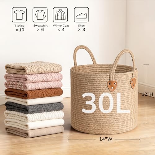 CHICVITA Jute Wicker Storage Basket with Leather Handles, 14" x 12"，Jute - Image 6