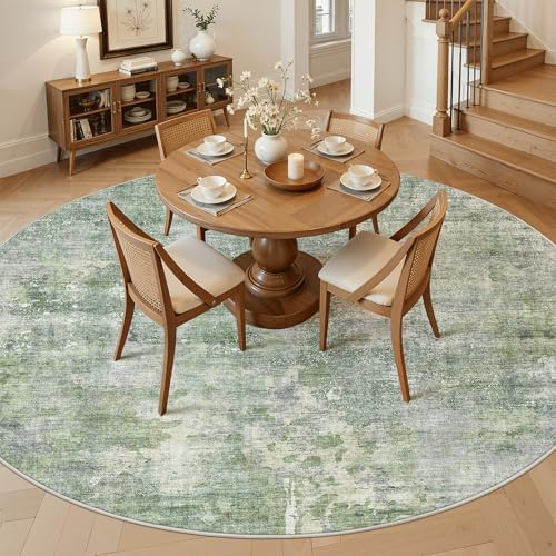 Soalmost Round Rugs 8ft Living Room Circle Area Rug 8x8 Green/Ivory Vintage - Image 2