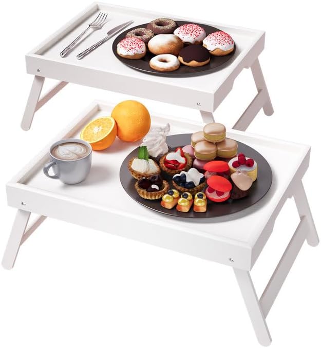 Fibogollo 2 Pack Bamboo Bed Tray Table with Folding Legs,Breakfast Trays,Serving Tray for Food and Snack,Laptop Trays for Working(White) by Fibogollo