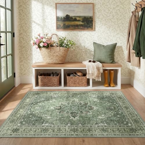 RELEANY Washable Area Rug, 3'x5', Green/Dark Green/Gray - Image 3