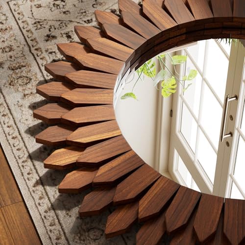 24" Walnut Round Sunburst Wooden Mirror Boho Rustic Wall Decor - Image 3