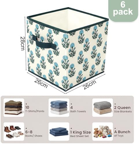 Bokon 6 Pcs 11'' Block Print Storage Bins Cubes Cyan Floral Storage Basket - Image 3