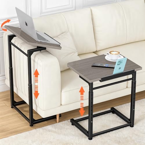 Tv Tray Table, 8-Level Adjustable Height Couch Side Table，90° Tilt Angle Adjustments C-Shaped End Table, with Phone & Tablet Slot Computer Desk for Sofa, Bed, Chair, Living Room（Lvory Gray） by Dataroad+Selead