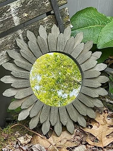 Honiway Farmhouse Wall Decor Mirror 12 inch Sunburst Boho Wood Mirror Rustic Home Decor Room Decoration for Bedroom Living Room Weathered Grey - Image 5