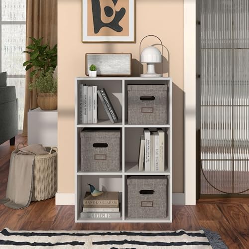 Homes: Inside + Out Apexa 6-Cube Storage Organizer Shelves, Stackable Wood Bookcase Fits Cubby Bins for Organization, Dorm Teen Room Decor & Home Office, Taupe Grey - Image 2
