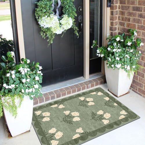 Front Door Mat Outside Entrance - 2x3 Sage Green Floral Entry Rug - Image 4