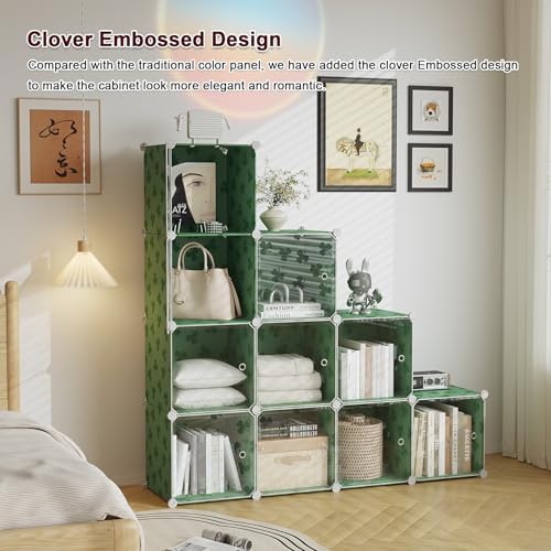 C&AHOME Clover Embossed Storage Organizer with Doors 10-Cube Shelf Green - Image 4