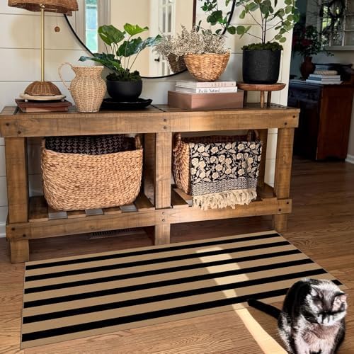 Front Door Mat Indoor Entrance - 2x4.3 Ft Black Tan Striped Rug - Image 5