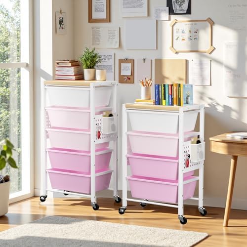 Rolling Cart with 5 Drawers, Plastic Drawer Storage Carts with Wheels & Wooden Tabletop, Metal Utility Cart with Pegboards, Office Living Room Classroom Craft Organization and Storage, Bright Pink - Image 2