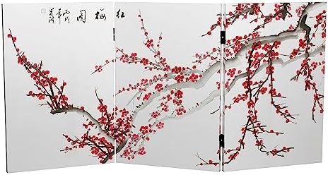 Red Lantern 2 ft. Short Double Sided Plum Blossom Canvas Folding Screen 3 Panel Freestanding Partition and Separator for Modern and Contemporary Bedroom, Home Office, Studio, Dorm, Apartment by RedLantern