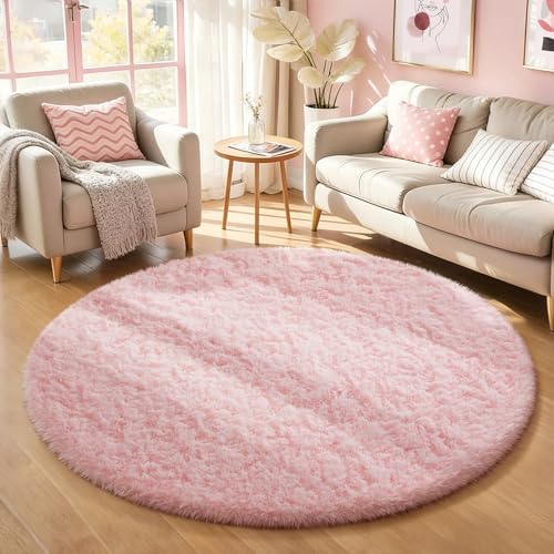 Ophanie Round Rugs 5Ft Pink Circle Area Rug,Fuzzy Bedroom Carpet, Shag Plush Floor Kawaii Christmas Living Room Rugs 5 Foot,Cute Aesthetic Room Decor for Kids Teen Girls Baby Over 99 pcs Pile fibers by Ophanie