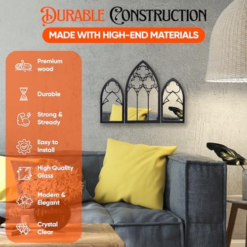 Gothic Mirrors Wall Decor - 3 Piece Set 15.8 Inch Gothic Furniture Cathedral Mirrors - Halloween Decor for Bathroom and Kitchen - Goth Accessories for Bedroom - Witchy Gifts for Women - Image 2