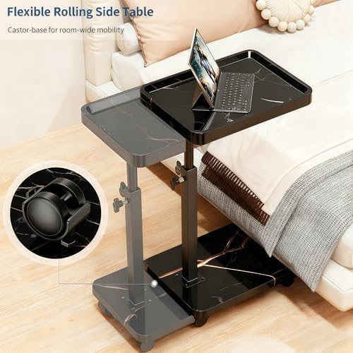 C Table End Table Adjustable Height, 360°Swivel TV Tray Table for Small Spaces, Side Tables with Wheels for Living Room and Bedroom, Bed (Black-15.7 x 11.8 inches) (Pack of 2) - Image 4