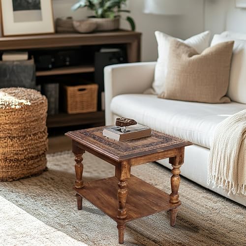 COTTON CRAFT Solid Wood End Table - Hand Carved Brown Side Table with Shelf - Image 5