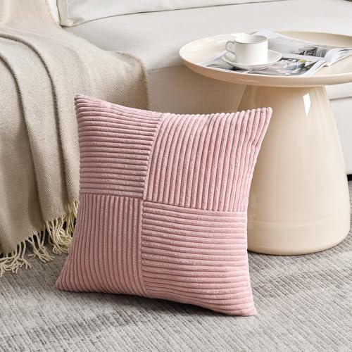 Fancy Homi 2 Packs Blush Pink Samll Decorative Throw Pillow Covers 14x14 Inch with for Couch Bed Sofa, Rustic Farmhouse Boho Home Decor, Soft Corss Patchwork Corduroy Square Cushion Case 35x35 cm - Image 2