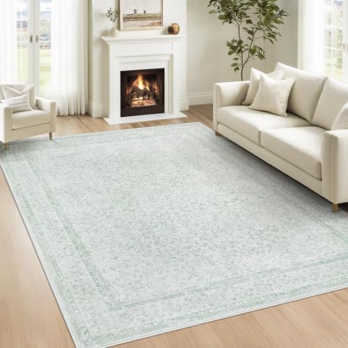 6x9 Area Rugs for Living Room: Washable Vintage Floral Rug Low Pile Non-Slip Boho Carpet for Nursery Bedroom Dining Room (Green, 6'x9') by LOSBULAKE