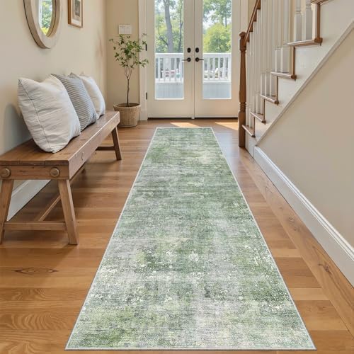 Soalmost Abstract Runner Rug 2x8 Hallway Kitchen Runners Green/Ivory - Image 2