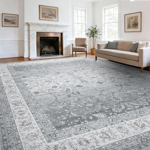 AMADA HOMEFURNISHING 9x12 Area Rugs, Washable Living Room Rug with Non-Slip Backing, Low Pile and Durable Edge Binding, Soft Vintage Floral Rugs for Living Room, Bedroom, Dining Room by AMADAHOMEFURNISHING