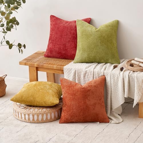 MIULEE Soft Decorative Chenille Fall Pillow Covers Rust Yellow Green 18x18 - Image 5