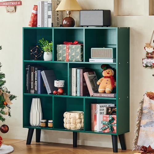 LEYAOYAO 8 Cube Bookshelf,Mid-Century Modern Bookcase with Legs,Dark Green by LEYAOYAO-Findtheshiningpointofyourideallife%EF%BC%81