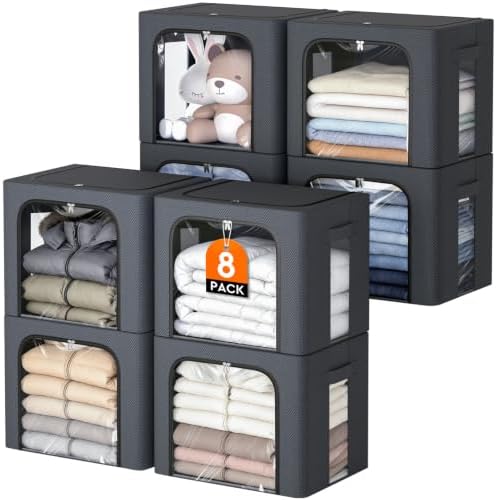 8 Pack Clothes Storage Bins with Metal Frame,Stackable Organizer Bins with Handles for Closet & Bedroom(Light Grey) by EpicTotes