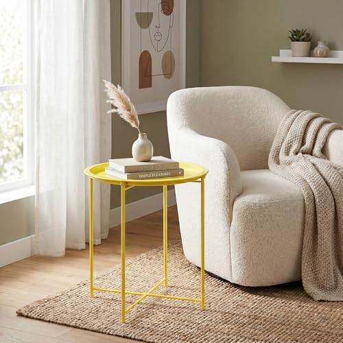 VECELO Side/End Table, Folding Round Metal Anti-Rust and Waterproof Outdoor or Indoor Tray for Living Room Bedroom Balcony and Office, 2 PCS, Yellow - Image 2
