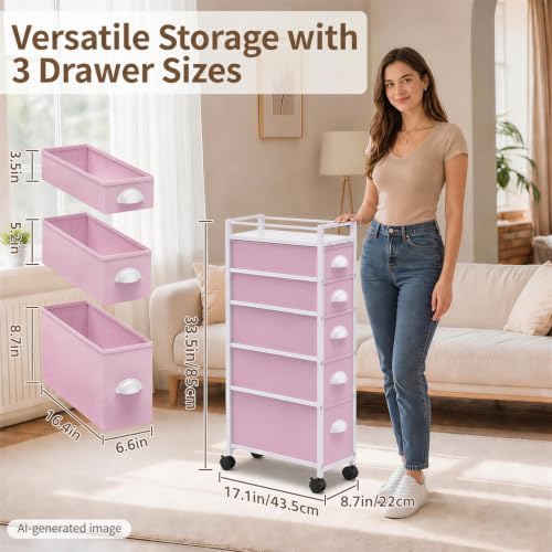 LASZOLA Narrow Cabinet Slim Storage Cart for Bathroom Small Space, Pink - Image 2
